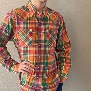 Ralph Lauren Orange Plaid Classic Western Pearl-Snap, XL Long-sleeve Men's Shirt